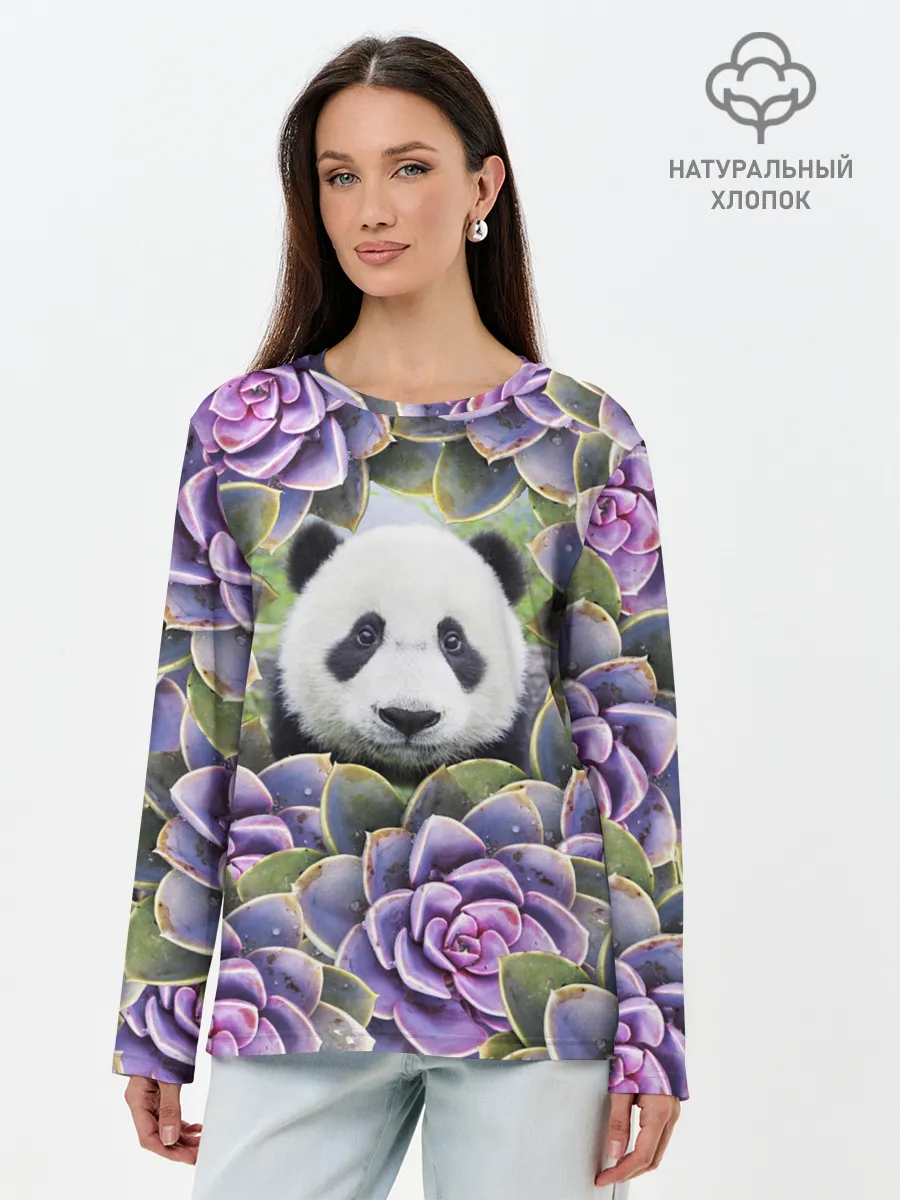 Лонгслив женский. Хлопок / Панда среди цветов