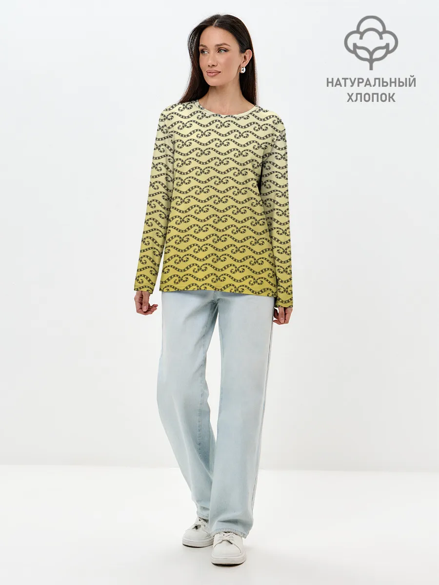 Лонгслив женский. Хлопок / рисованный узор усы червячки