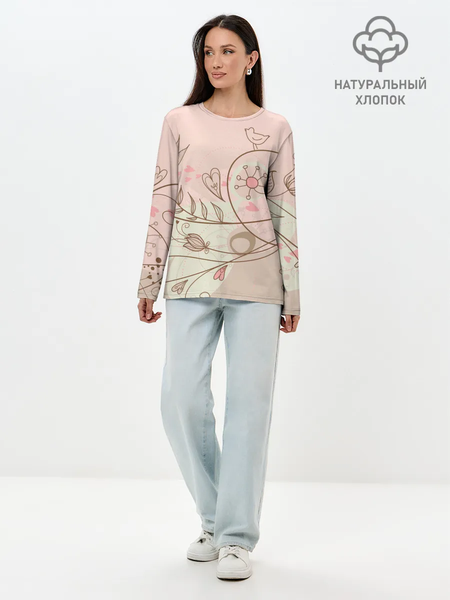 Лонгслив женский. Хлопок / Летний узор цветы птичка