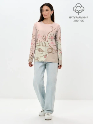 Лонгслив женский. Хлопок / Летний узор цветы птичка