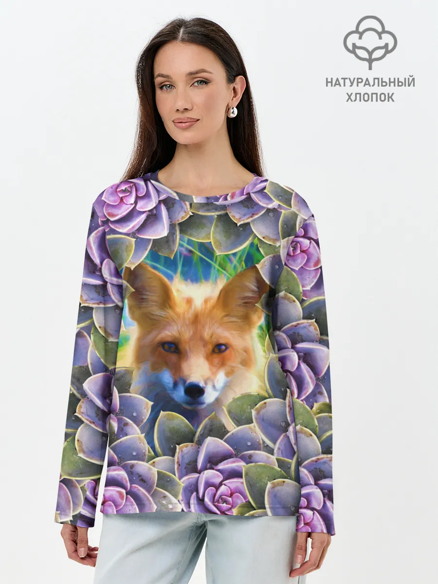 Лонгслив женский. Хлопок / Лиса среди цветов