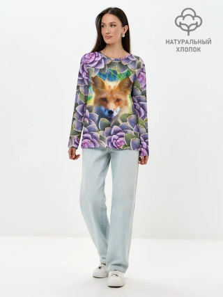Лонгслив женский. Хлопок / Лиса среди цветов