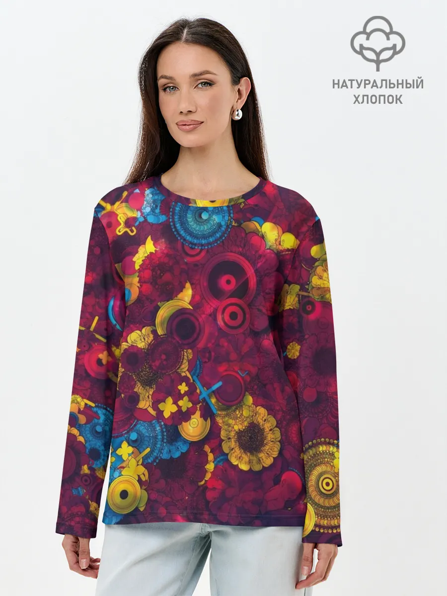 Лонгслив женский. Хлопок / Цветы - шестеренки