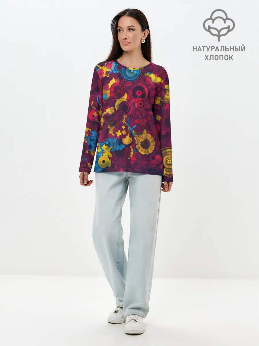Лонгслив женский. Хлопок / Цветы - шестеренки