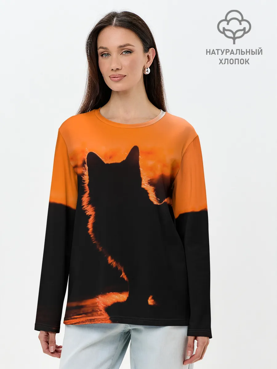 Лонгслив женский. Хлопок / Котенок на фоне заката