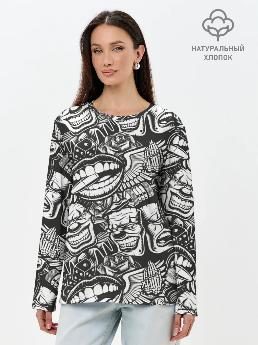 Лонгслив женский. Хлопок / Тату ретро