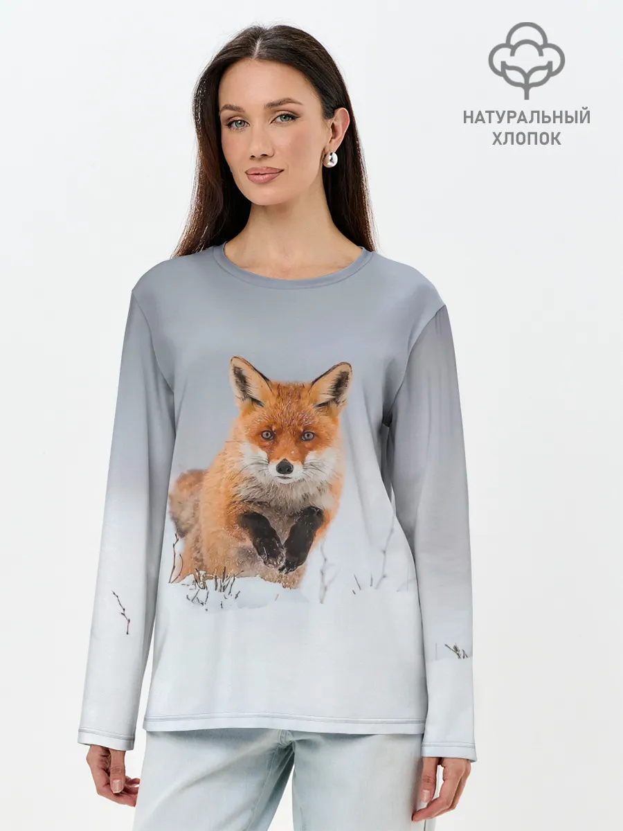 Лонгслив женский. Хлопок / Лисица прыгает по снегу