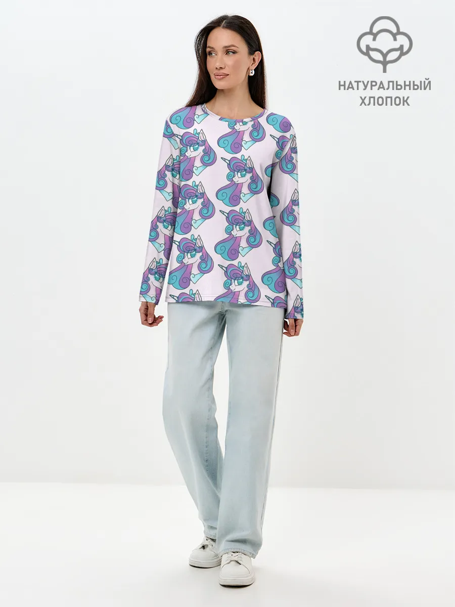 Лонгслив женский. Хлопок / Пони узор