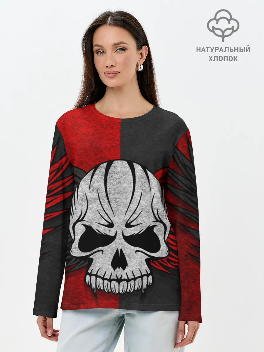 Лонгслив женский. Хлопок / Крылатый череп 3D
