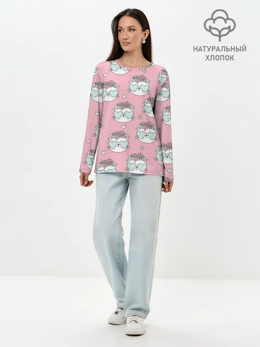 Лонгслив женский. Хлопок / Котики с цвточками