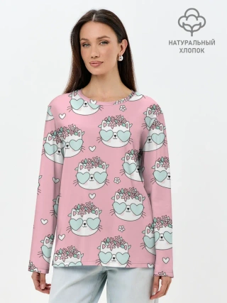 Лонгслив женский. Хлопок / Котики с цвточками