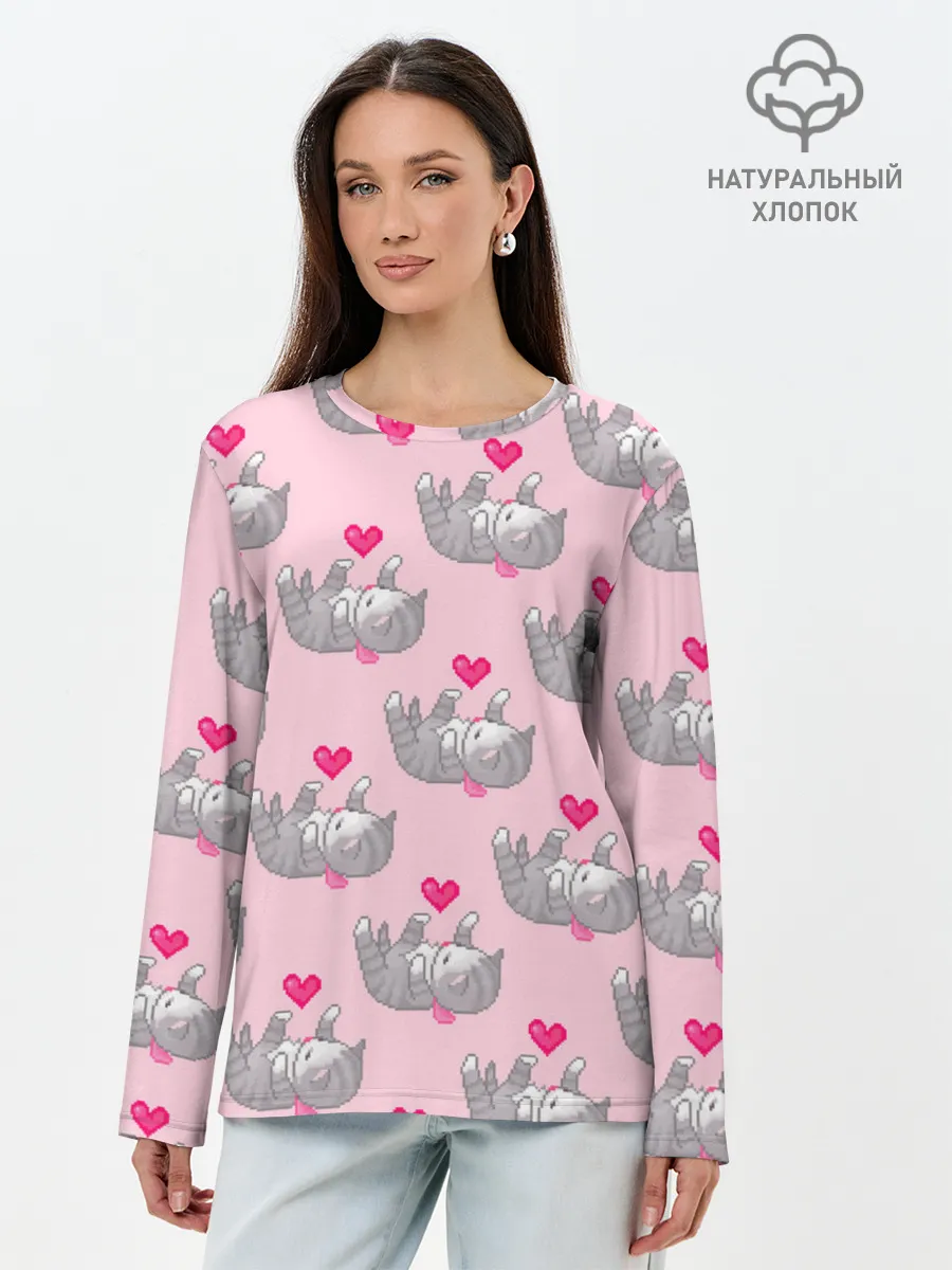 Лонгслив женский. Хлопок / Пиксельные котики