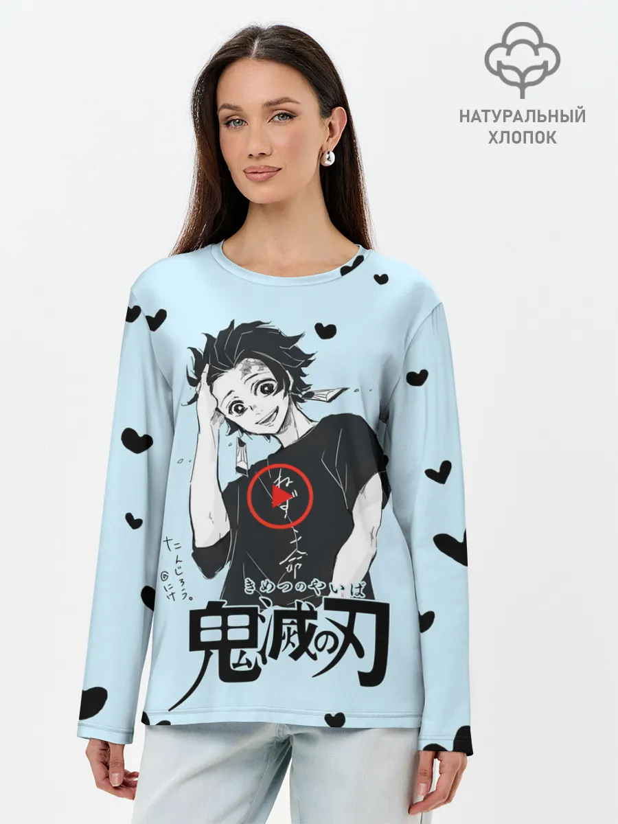 Лонгслив женский. Хлопок / Танджиро Камадо черные сердечки