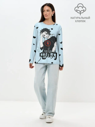 Лонгслив женский. Хлопок / Танджиро Камадо черные сердечки