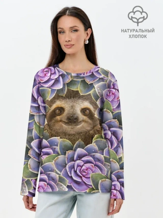 Лонгслив женский. Хлопок / Ленивец среди цветов