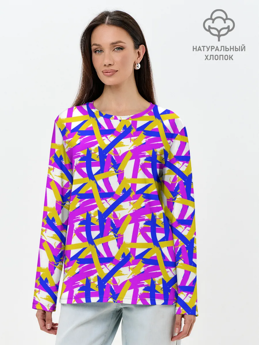 Лонгслив женский. Хлопок / абстракция из ярких полос
