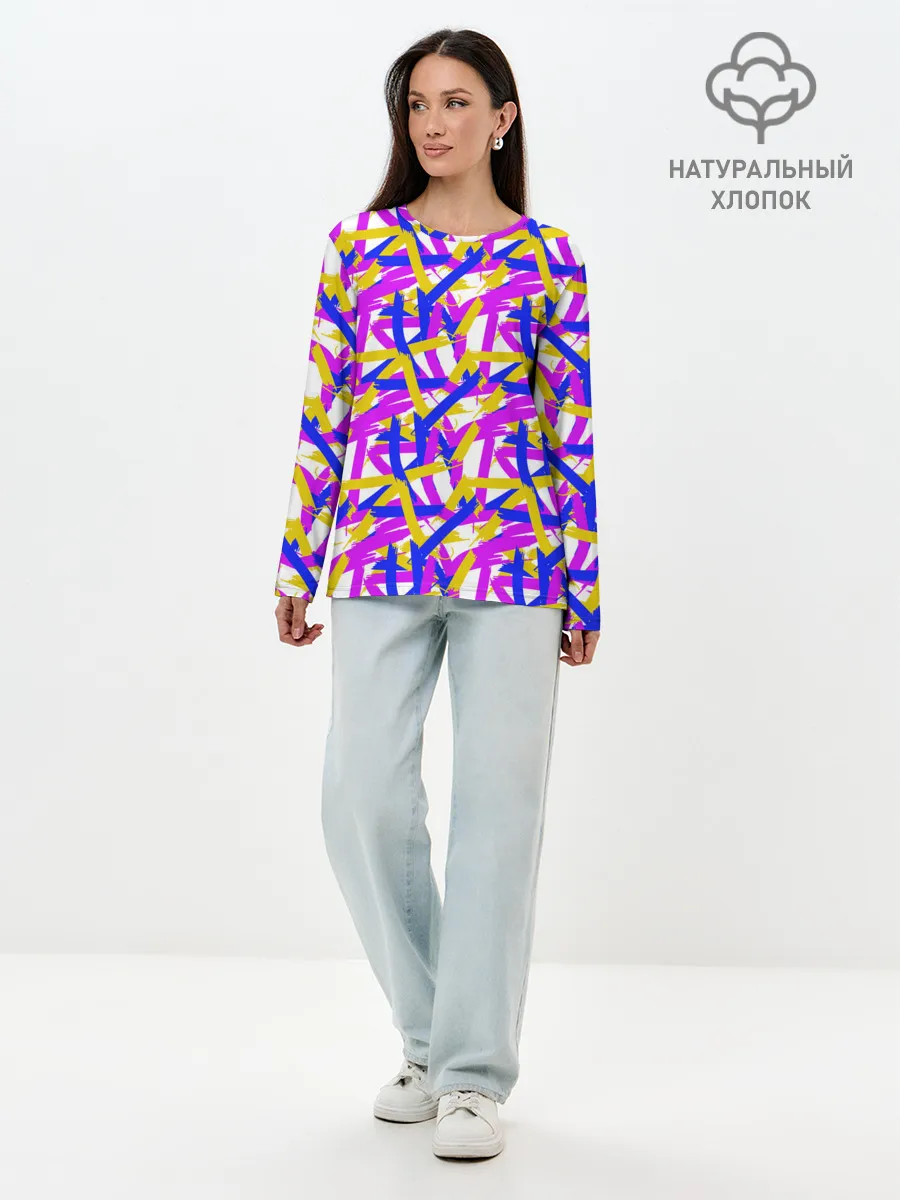Лонгслив женский. Хлопок / абстракция из ярких полос