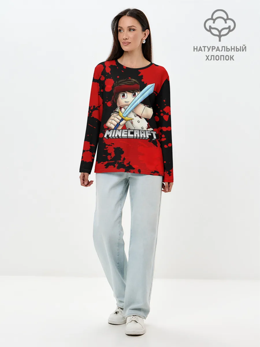 Лонгслив женский. Хлопок / Стив с мечом Minecraft