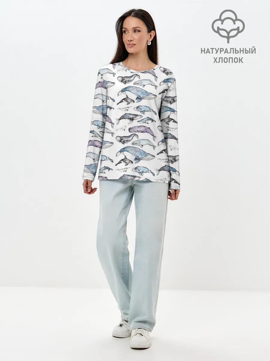 Лонгслив женский. Хлопок / киты паттерн