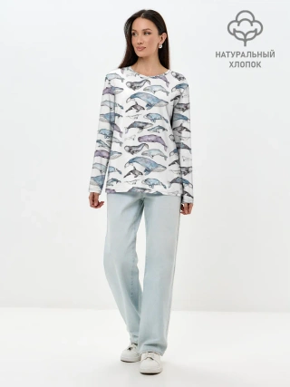 Лонгслив женский. Хлопок / киты паттерн