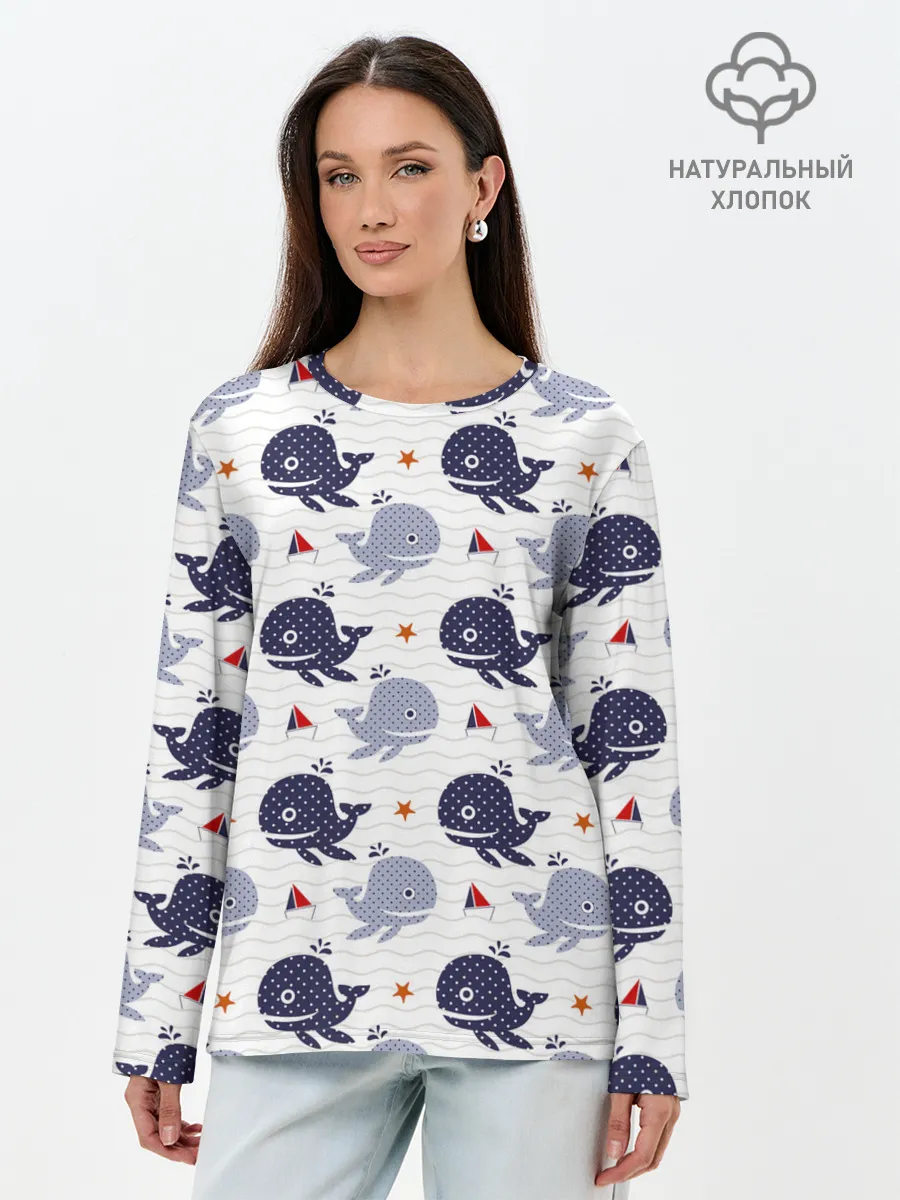 Лонгслив женский. Хлопок / Киты и яхты