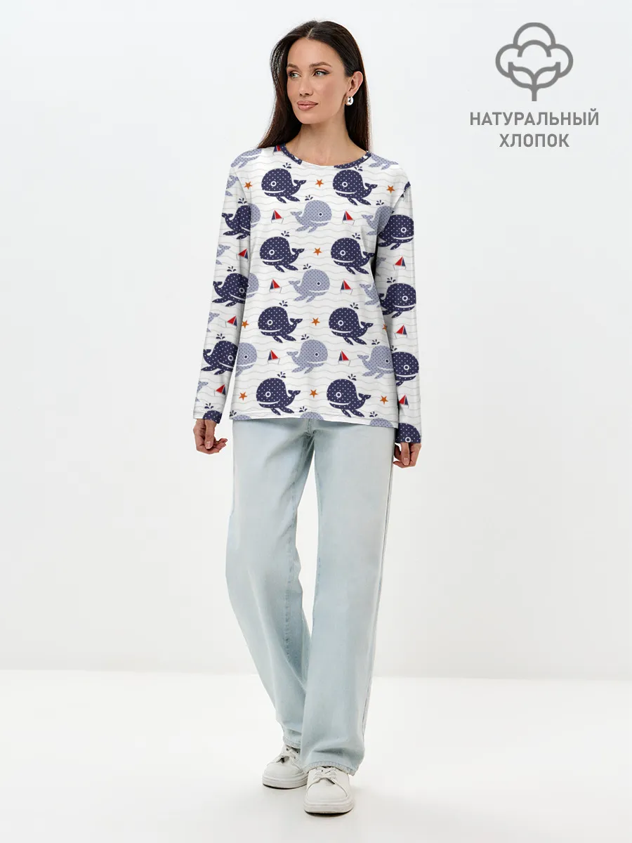Лонгслив женский. Хлопок / Киты и яхты