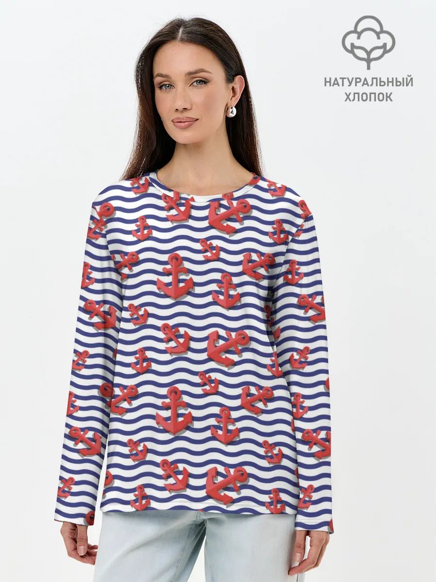 Лонгслив женский. Хлопок / Красные якоря