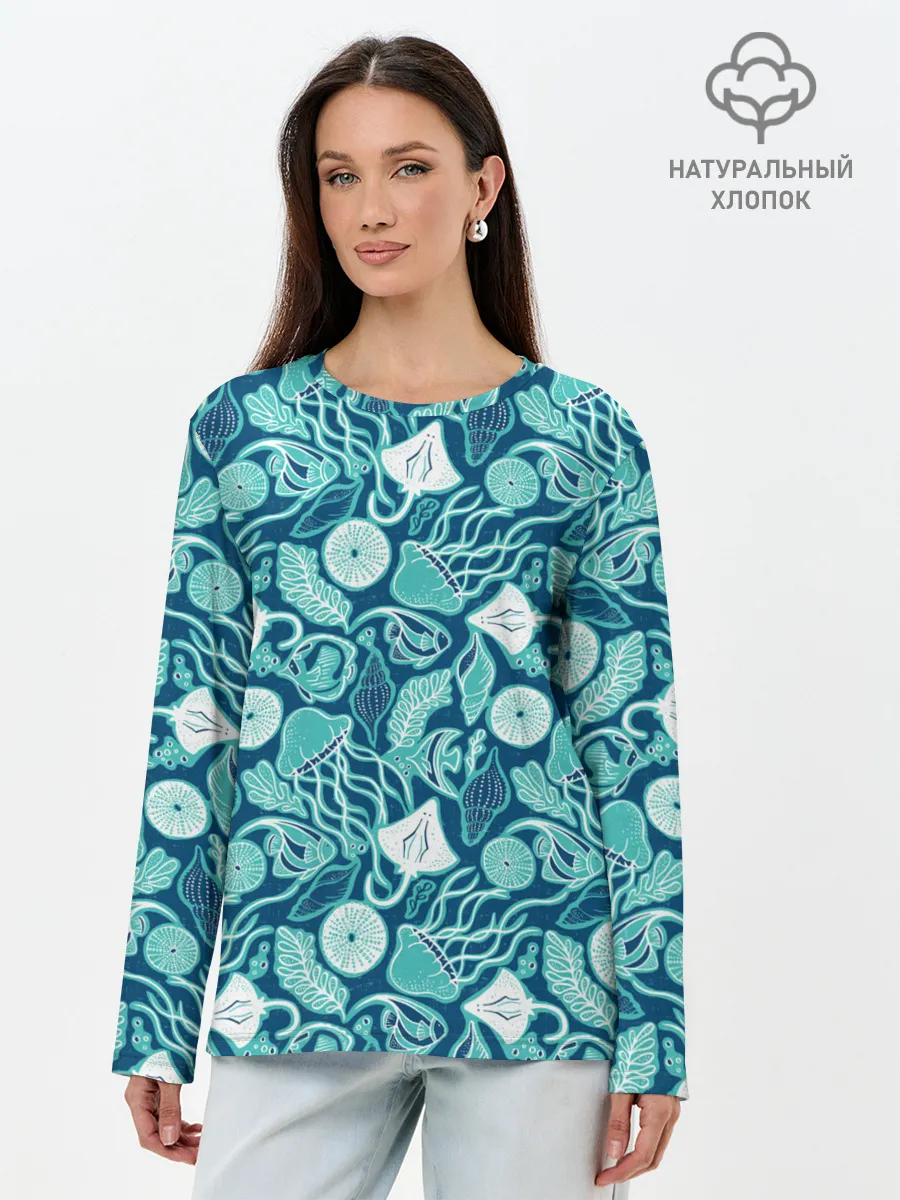 Лонгслив женский. Хлопок / Скаты и медузы