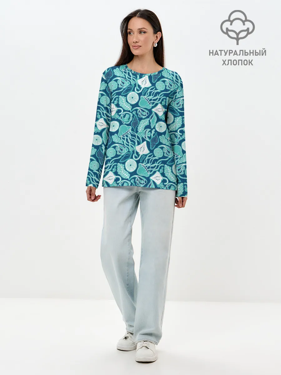 Лонгслив женский. Хлопок / Скаты и медузы