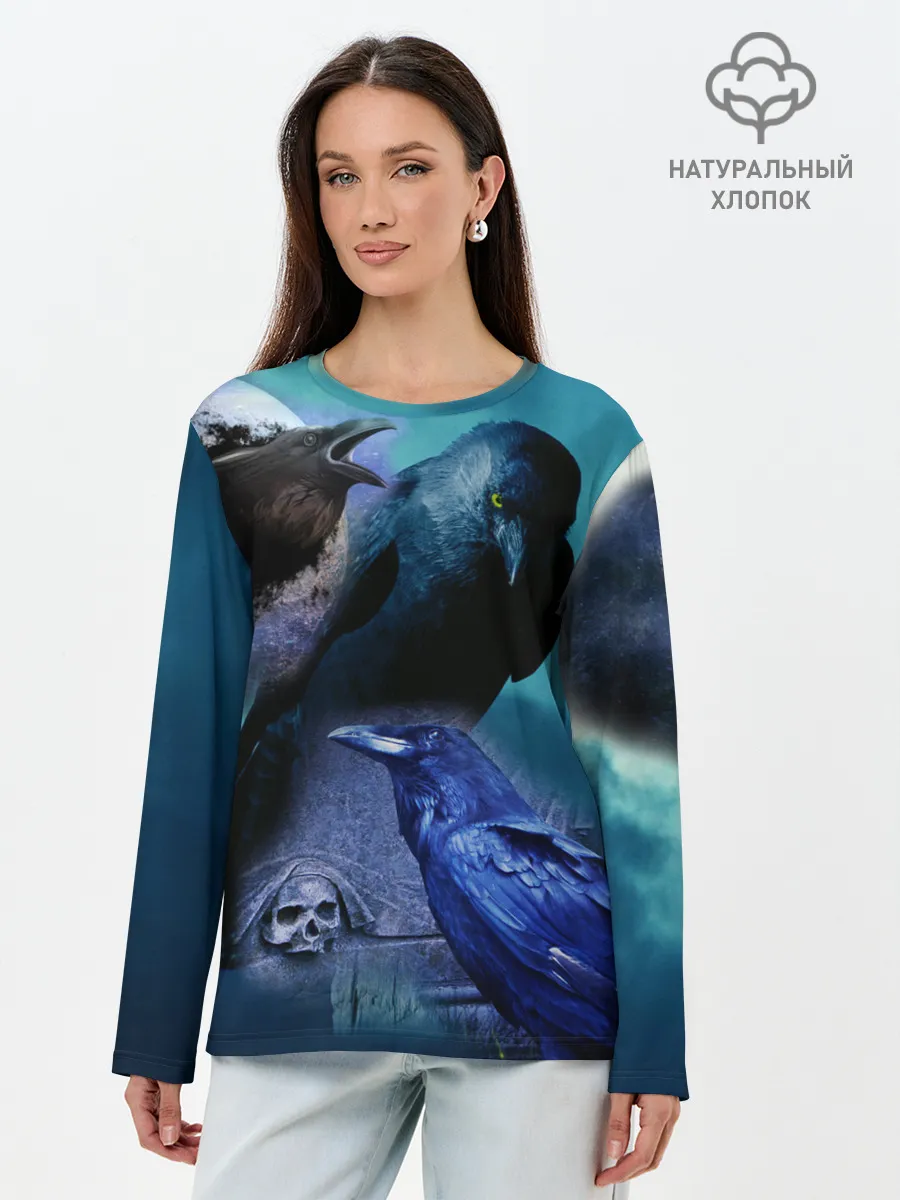 Лонгслив женский. Хлопок / Мистические вороны | Crows