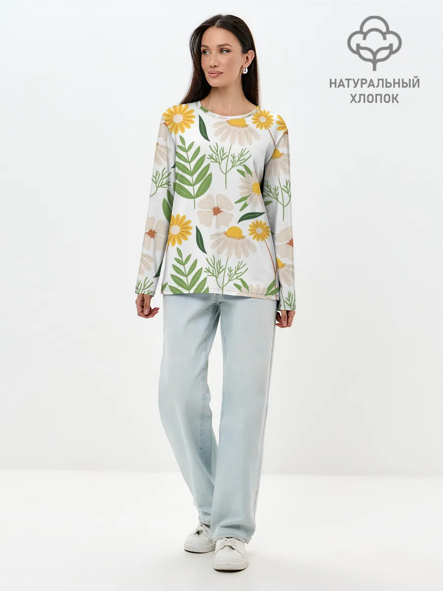 Лонгслив женский. Хлопок / Цветы и листья