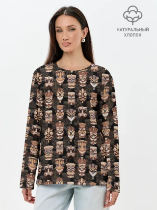 Лонгслив женский. Хлопок / МАСКИ ТИКИ ГАВАЙИ ПАТТЕРН