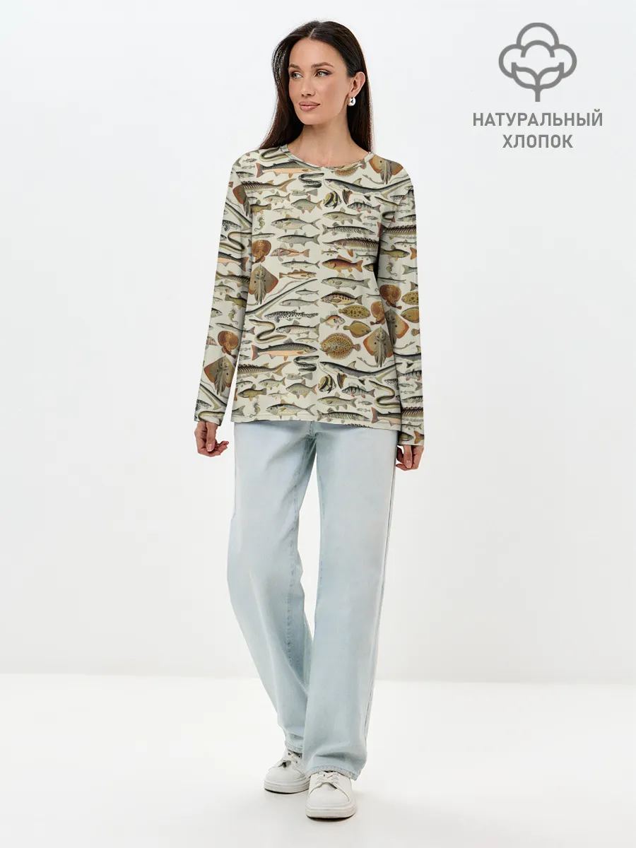 Лонгслив женский. Хлопок / рыбный паттерн