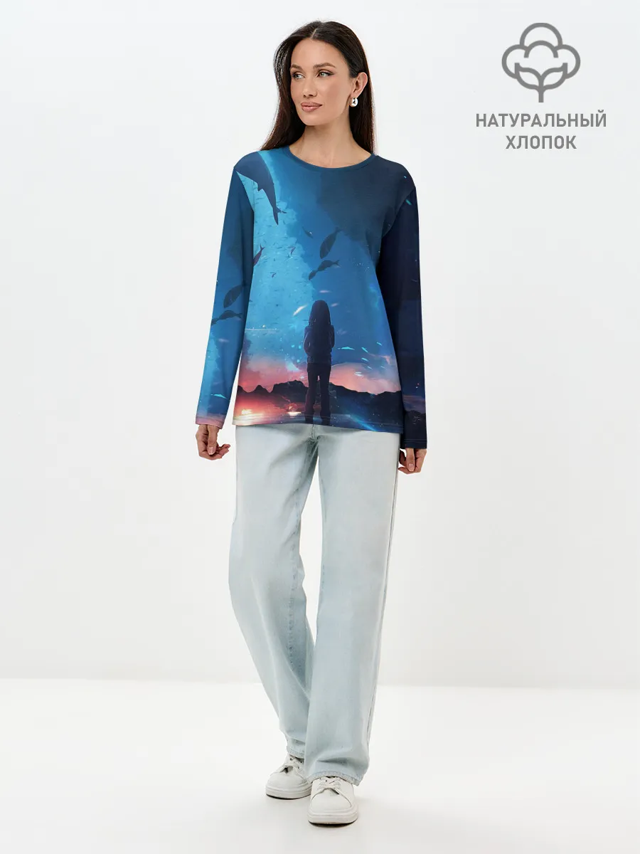 Лонгслив женский. Хлопок / Подводный мир | Силуэт