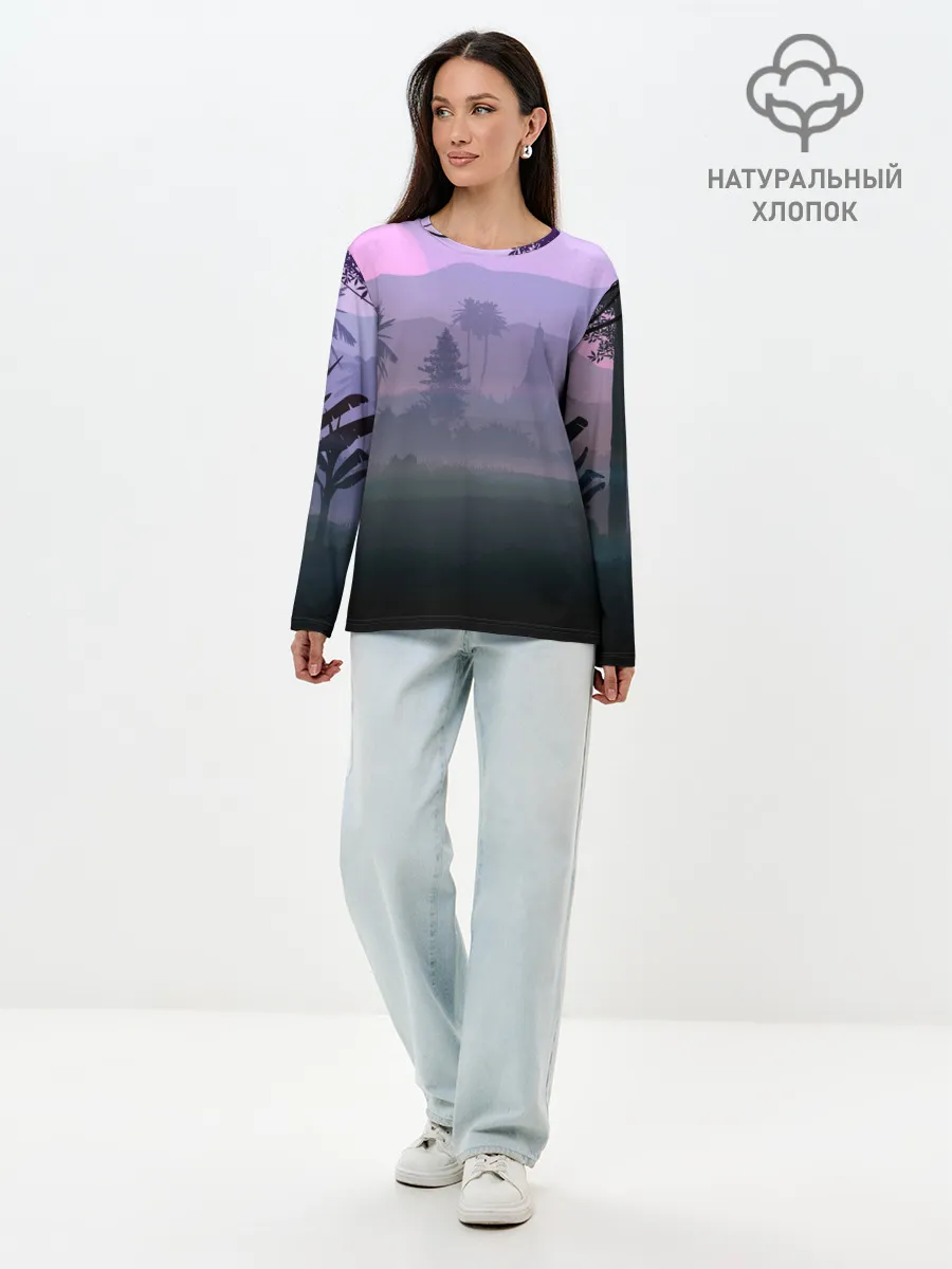 Лонгслив женский. Хлопок / forest at sunset
