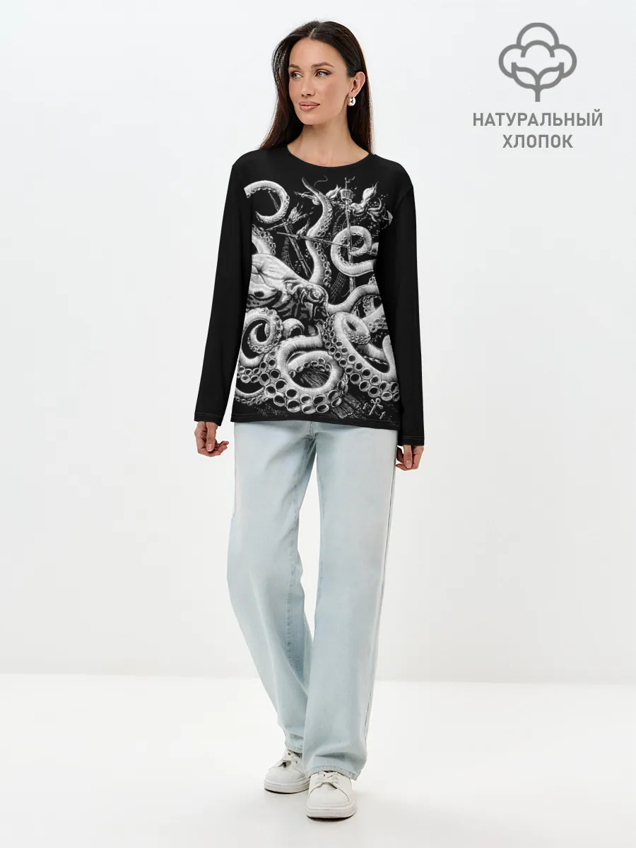 Лонгслив женский. Хлопок / Кракен Монстр