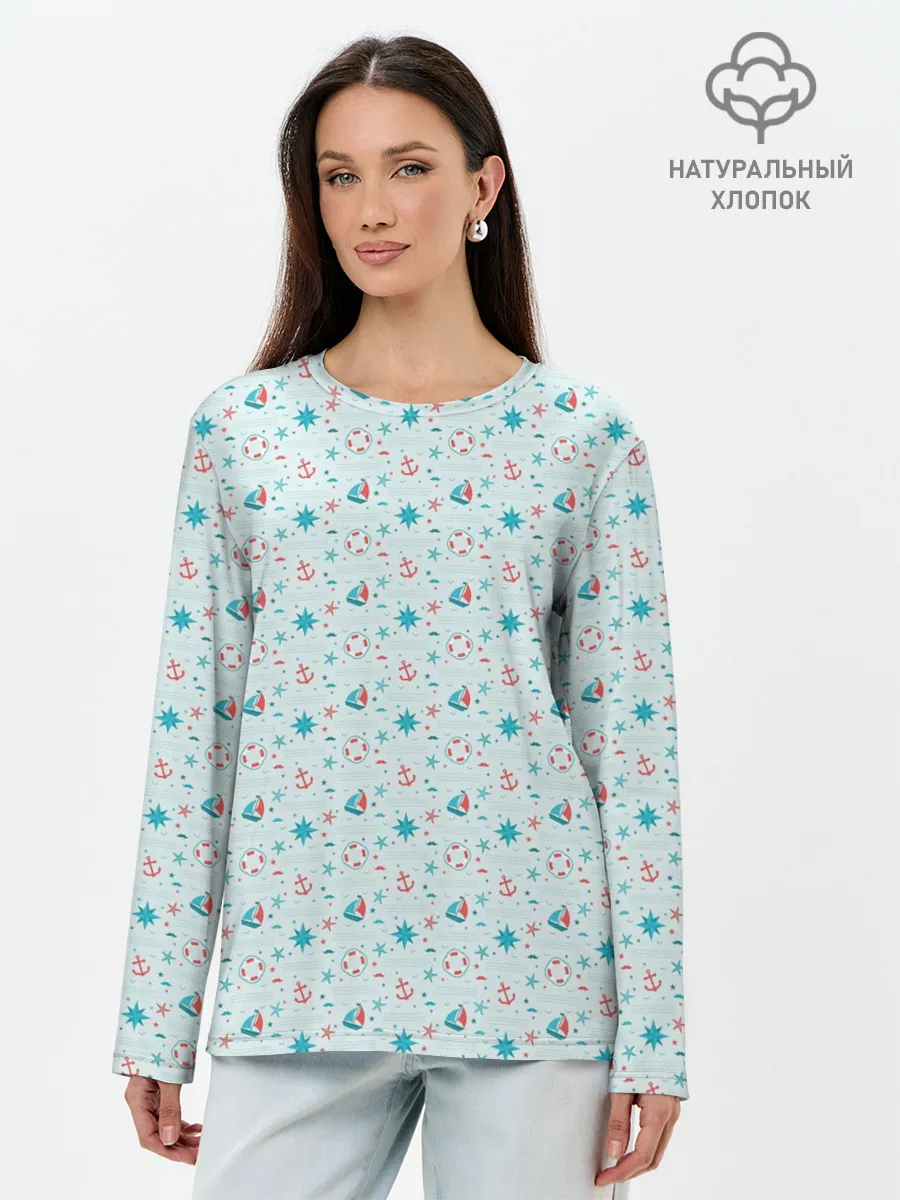 Лонгслив женский. Хлопок / Морской узор