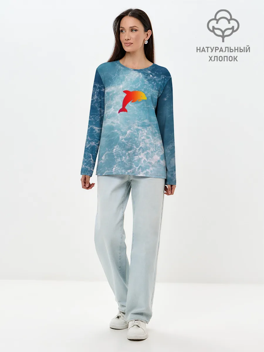 Лонгслив женский. Хлопок / Дельфин в море