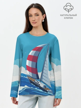 Лонгслив женский. Хлопок / ПАРУСНИК В МОРЕ | ЛЮБЛЮ МОРЕ