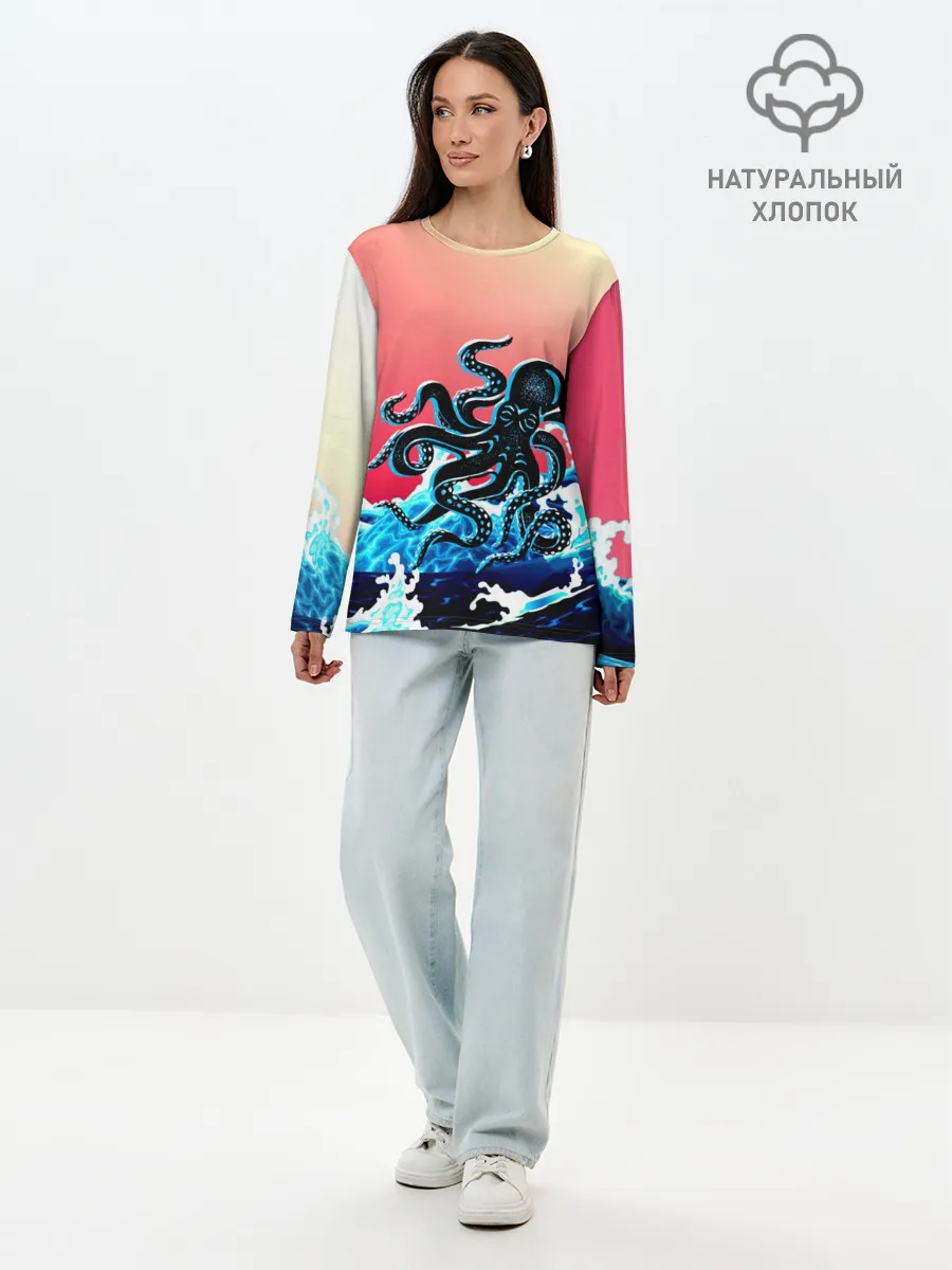 Лонгслив женский. Хлопок / Кракен в Море | Градиент