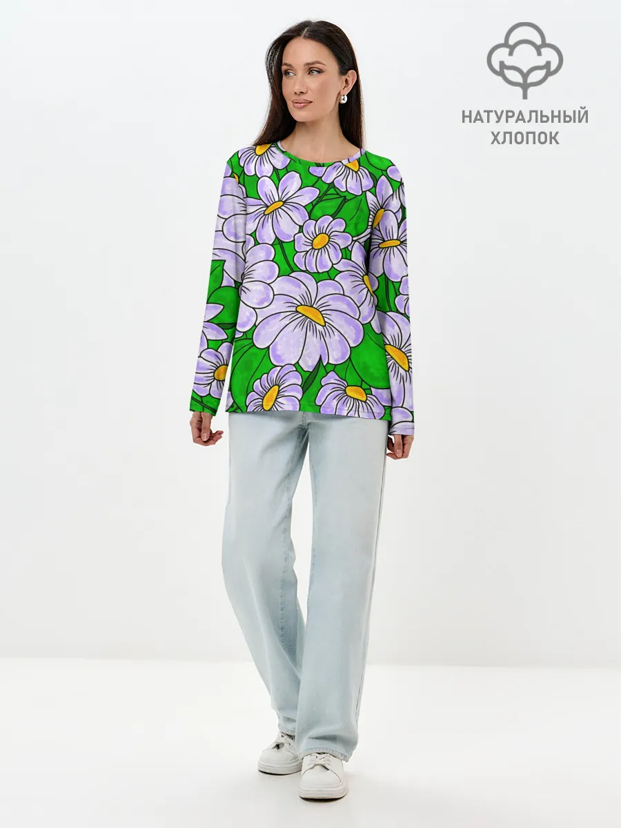 Лонгслив женский. Хлопок / Цветы Лавандовые ромашки