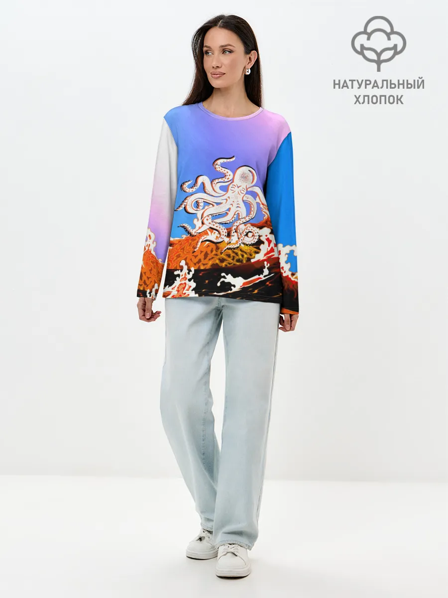 Лонгслив женский. Хлопок / Осьминог в Лаве | Градиент