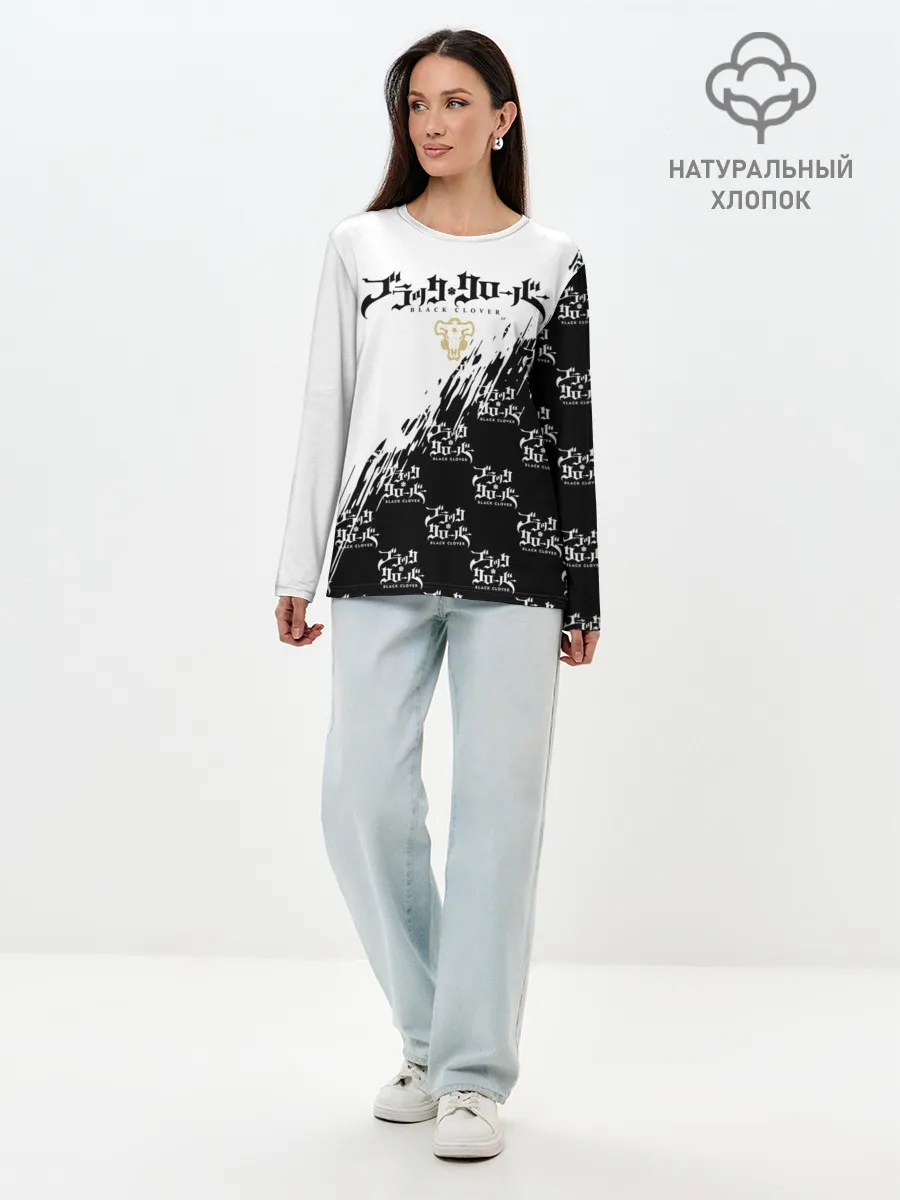 Лонгслив женский. Хлопок / Чёрный клевер черно-белый разрыв