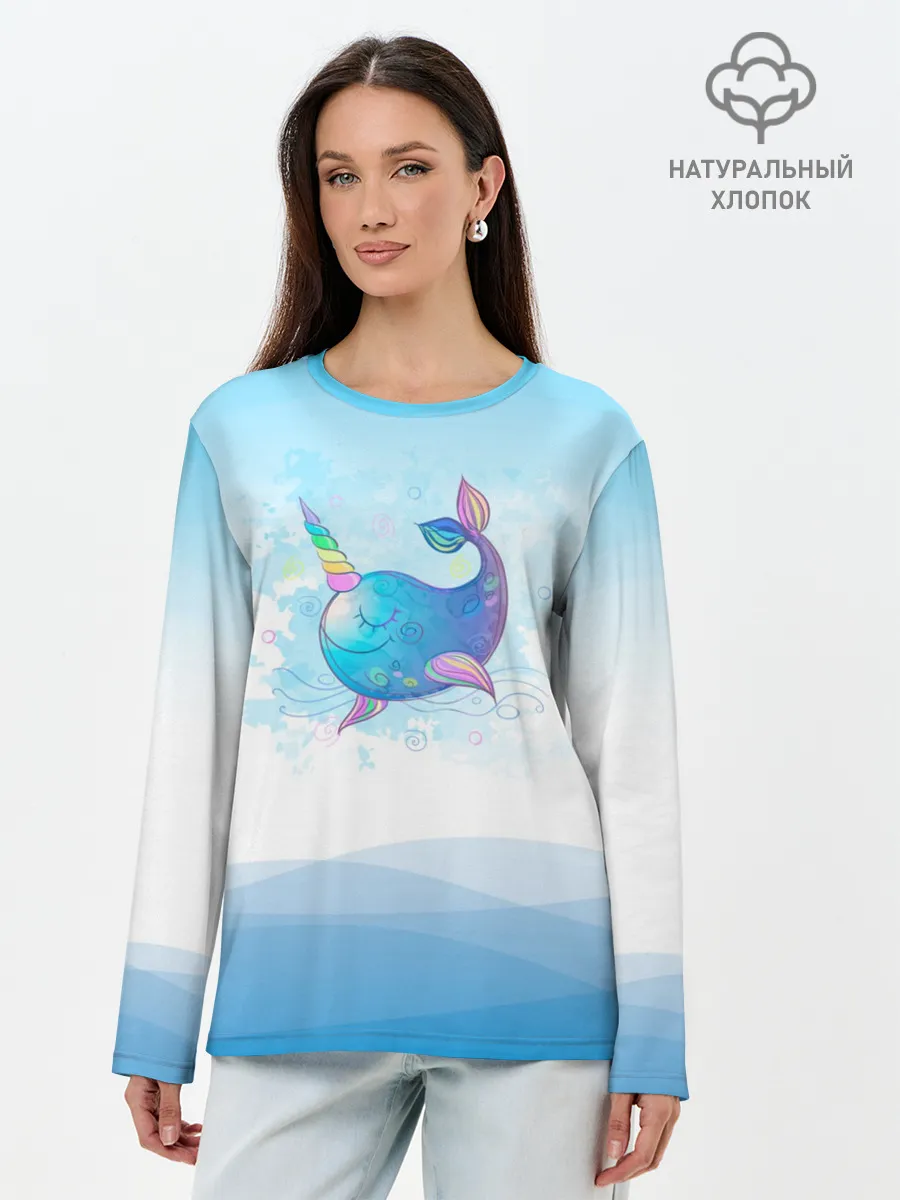 Лонгслив женский. Хлопок / Дельфин единорог