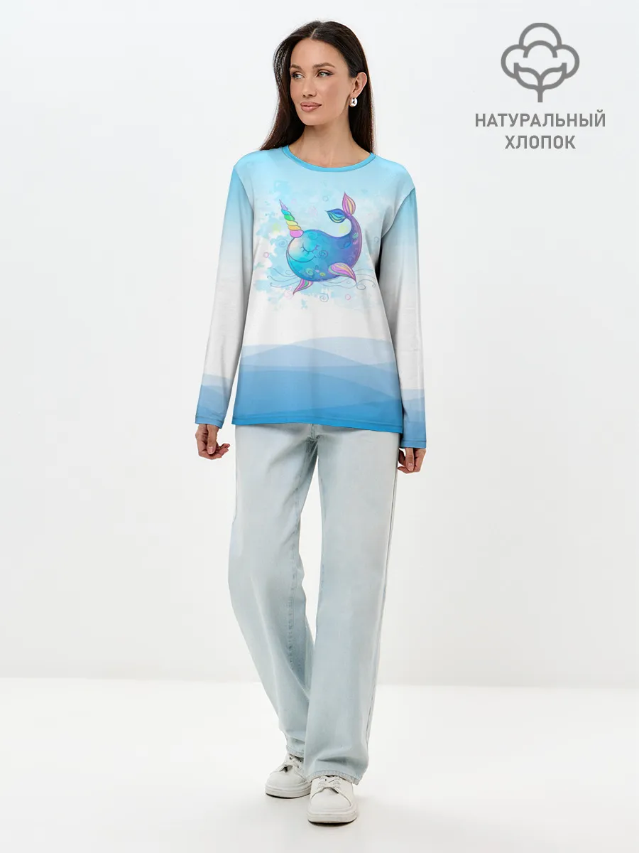 Лонгслив женский. Хлопок / Дельфин единорог