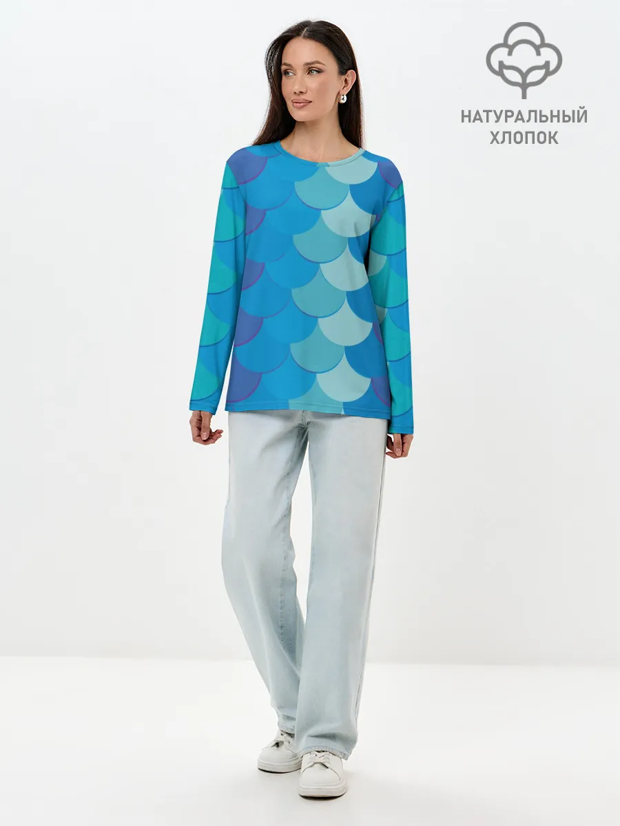 Лонгслив женский. Хлопок / Синяя чешуя рыбы