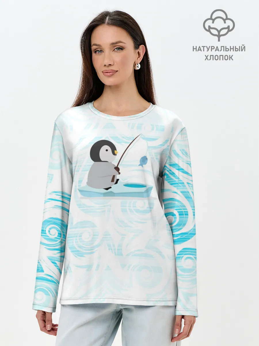 Лонгслив женский. Хлопок / Пингвин рыбачит