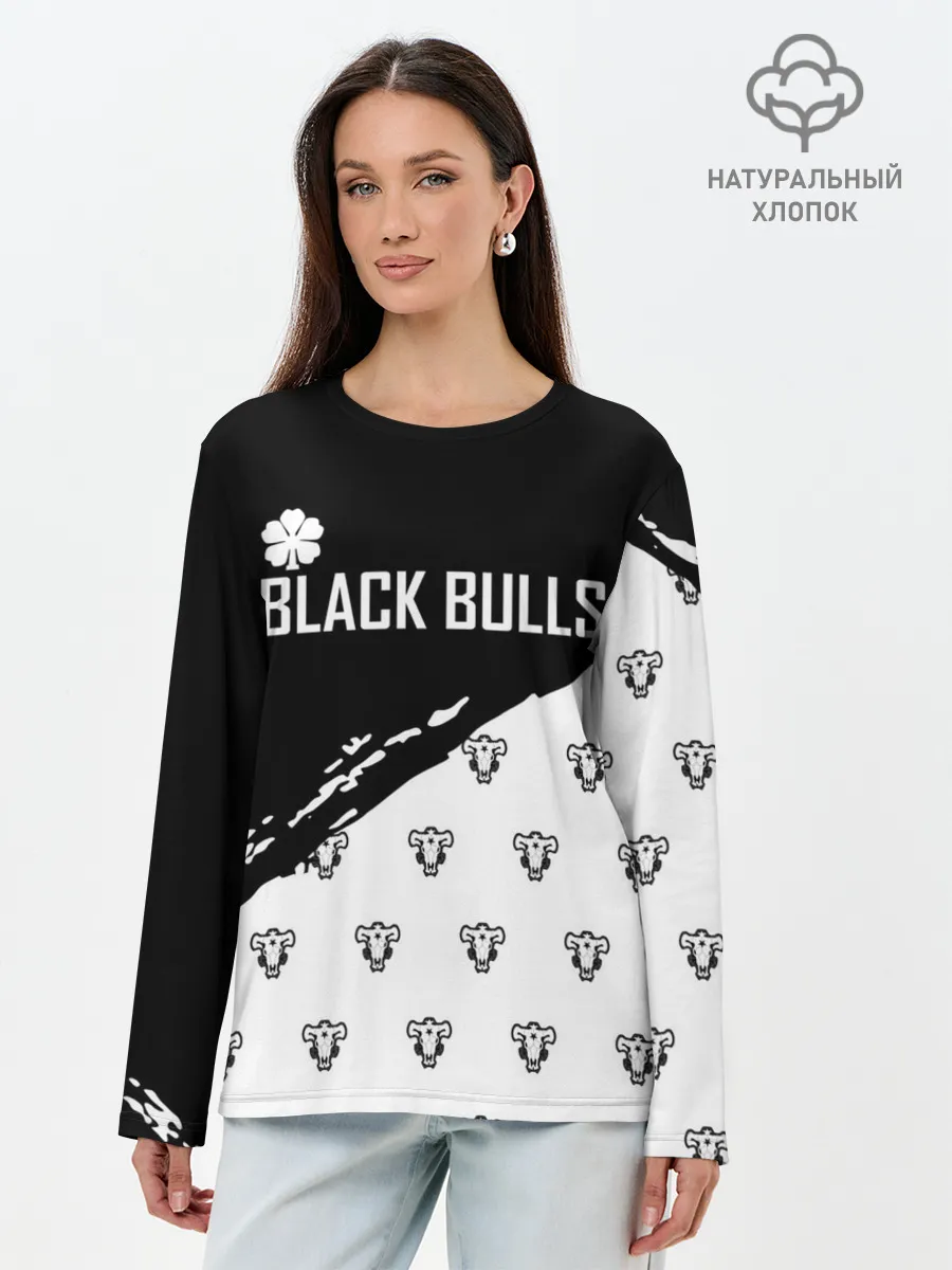 Лонгслив женский. Хлопок / Черные быки | Чёрный клевер