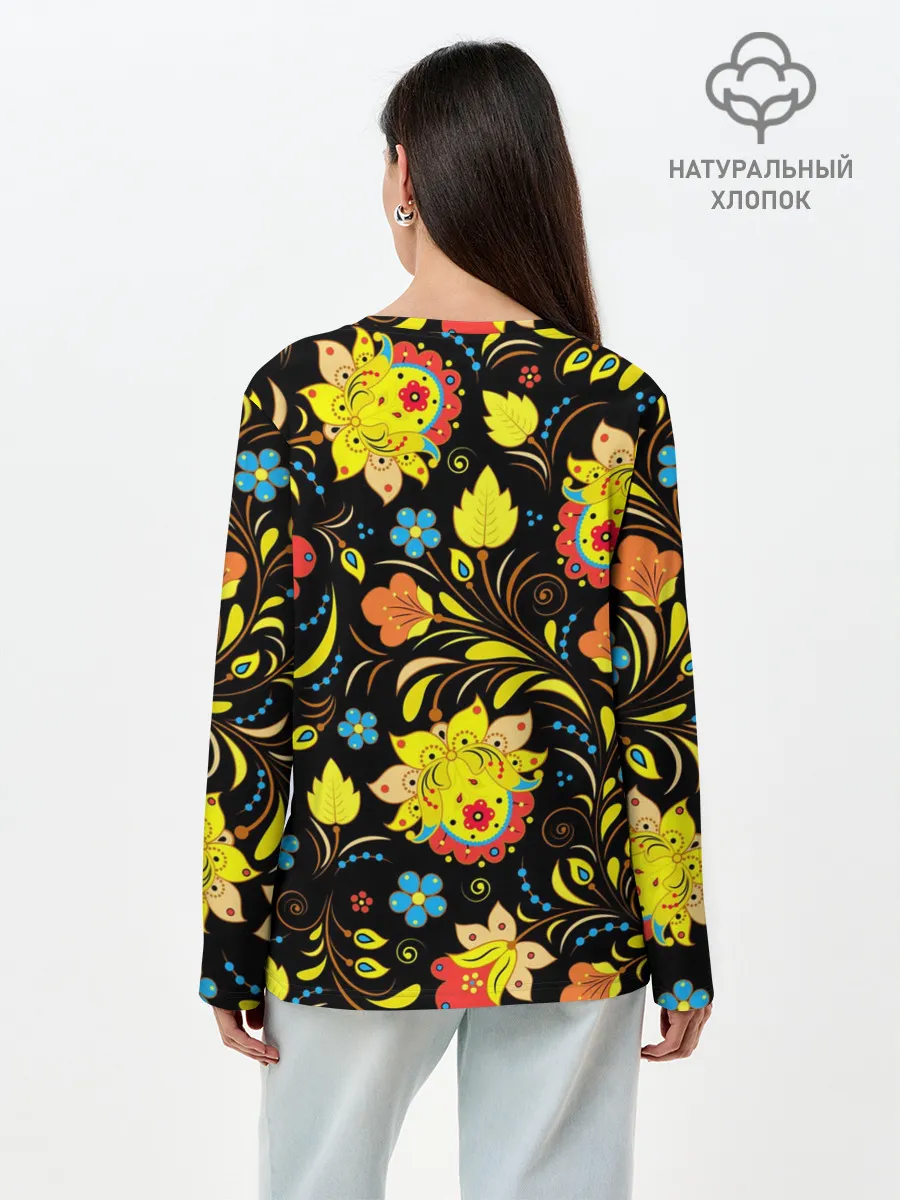 Лонгслив женский. Хлопок / РОСПИСЬ УЗОР ХОХЛОМА