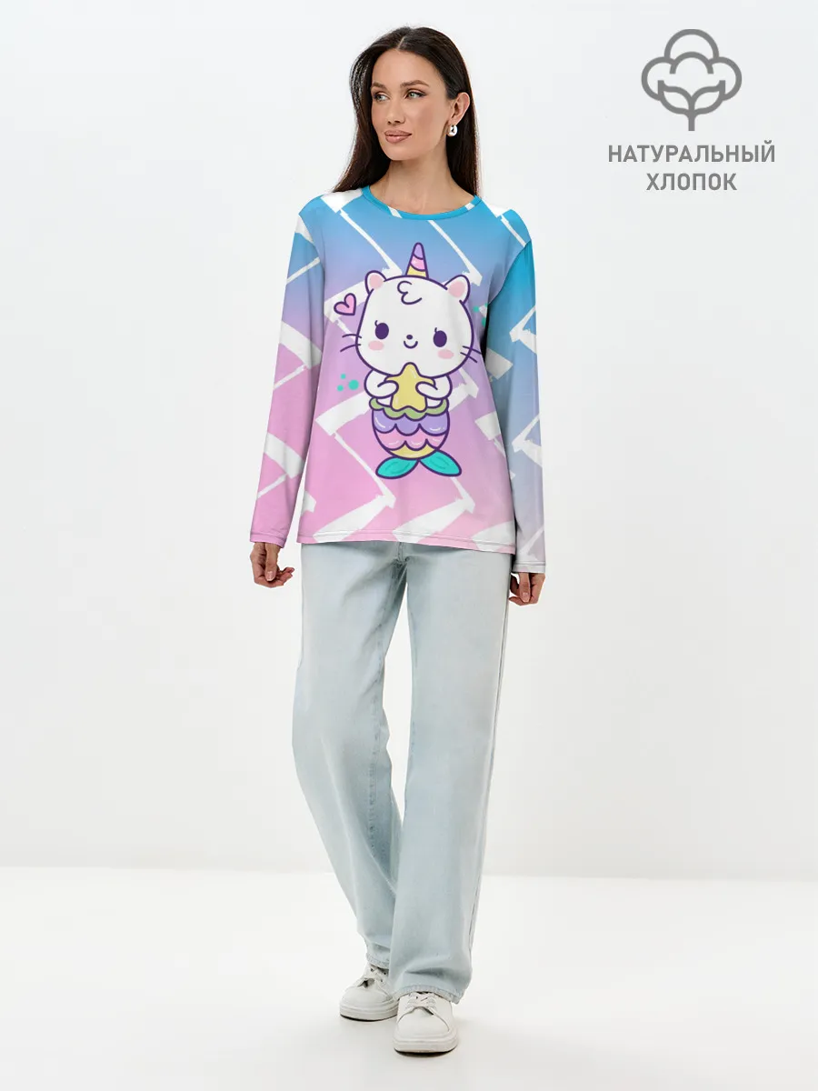 Лонгслив женский. Хлопок / Котик-рыбка-единорог